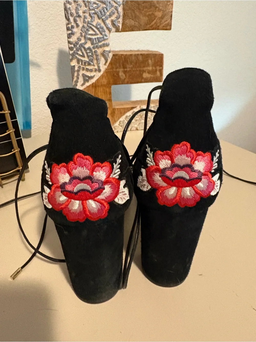 Kate Spade Black Embroidered Lace-Up Block Heels